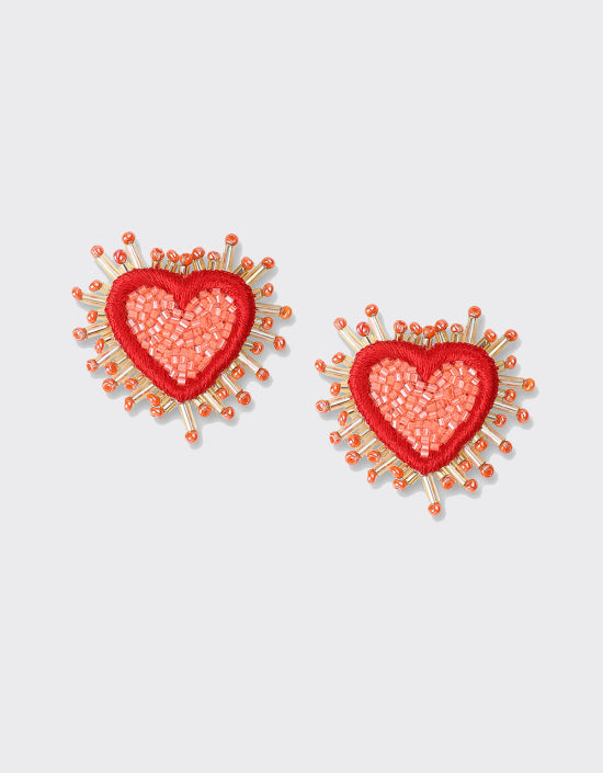 Small Sparkle Heart Beaded Earrings in Coral