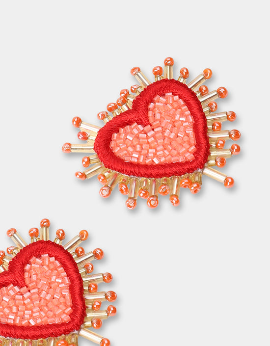 Small Sparkle Heart Beaded Earrings in Coral